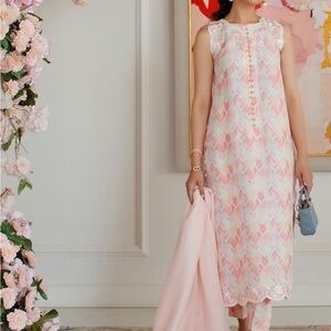 Farah Talib Aziz Ikat Mia Pink and White Silk 3 piece with Long Sleeves